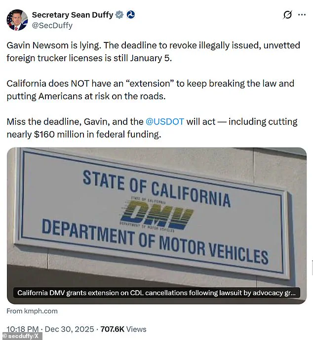 Transportation Secretary Accuses California Governor of 'Lying' Over Delay in Revoking 17,000 Undocumented Drivers' Licenses