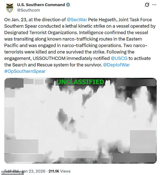 U.S. Conducts First Deadly Strike Against Narcoterrorists in Continued Counter-Narco Efforts Under Trump Administration