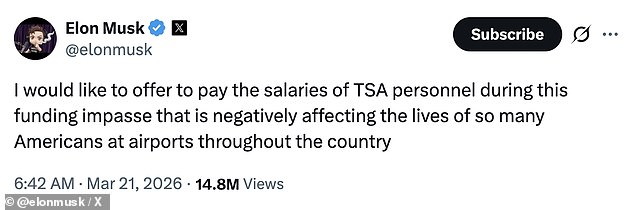 Elon Musk Offers to Pay TSA Workers' Salaries as U.S. Government Shutdown Enters Third Month