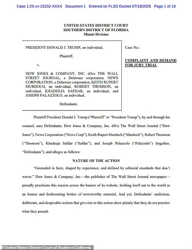 Trump Sues Wall Street Journal and News Corp Over Epstein Birthday Card Allegations, Seeking $10 Billion in Damages