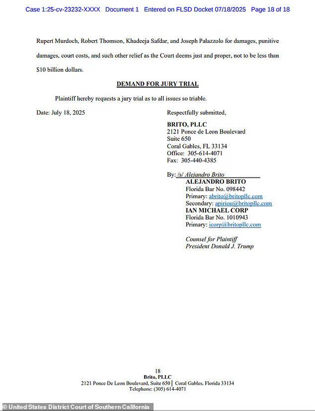 Trump Sues Wall Street Journal and News Corp Over Epstein Birthday Card Allegations, Seeking $10 Billion in Damages